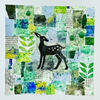 ‘Green Collaged Fawn’ created using a collage of mixed papers layered with a Lino print of a fawn.