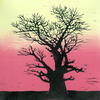Ancient tree, a lino cut with a screen printed sunset background.