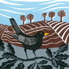  A screen print and lino cut showing a blackbird in an oak tree with fields in the background.