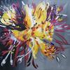 Explosive Daffodil Painting on grey background with energetic marks