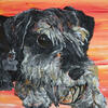 Acrylic Painting - "Schnauzer" - 15 in a series of paintings done in support of Guide Dogs UK. [Visual Description: Photo of an acrylic painting. Subject is a close up of a grey Schnauzer's face, entering from the left hand side and lying down. The background is an abstract orange background]