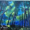 Light through the trees, Croatian sun. Pine landscape with the sea though it. acrylic painting