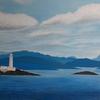 Acrylic painting of the view from the ferry from Oban to Mull.