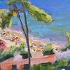 S'Agaro Beach oil on linen, 40 x 40 cm.  Vivid colours of the Meditterranean.
