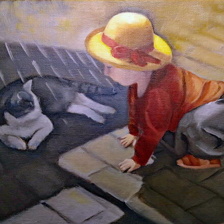 "The boy and the cat", oil on paper, 20cm x 25cm