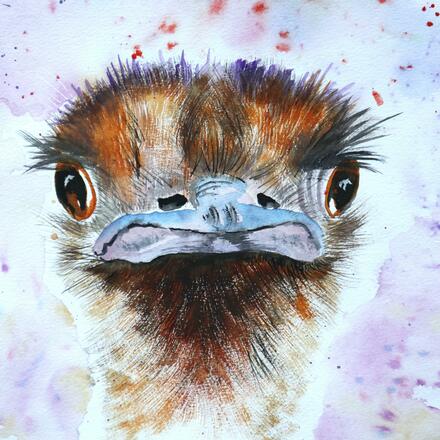Bright, fun face of an Ostrich in Watercolour