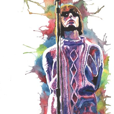 A watercolour painting of Liam Gallagher, this bright and colourful painting was intended to be bold and a really eye catching piece where I allowed the paints to flow and mix freely