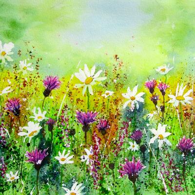 Daisies and Meadow Thistles. Framed Watercolour. 60 x 49cm