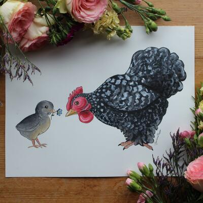 The design for my Mothers day card. Inspired by my favourite little bantam chicken in our garden. Acrylic and Ink on watercolour paper. 