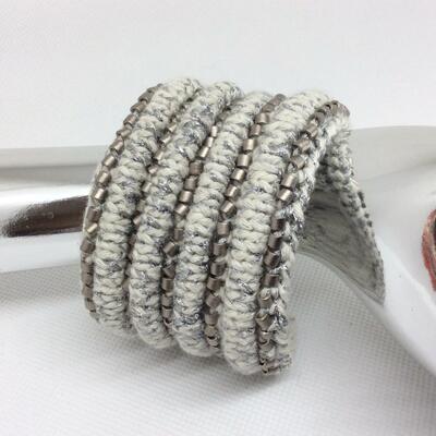 Silver & grey knitted, beaded, wired cuff