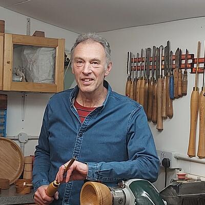 Keith Lucas, wood turner, in his workshop