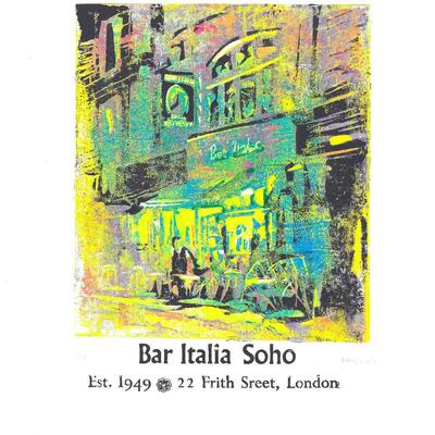 Bar Italia reduction linocut and letterpress print
