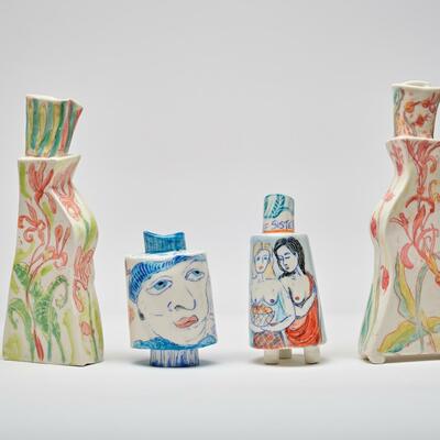 Porcelain People vessels, Botanicals, The Sisters and Faces NL. 15-25cm tall x 8cm wide