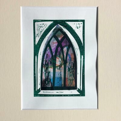 Stained Glass 2. Chine Colle Print. 100mm x 150mm (image size) on A4 printmaking paper with mount