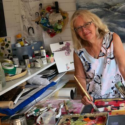 Anne paints semi abstract landscapes and uses layers of mixed media to convey her impressions