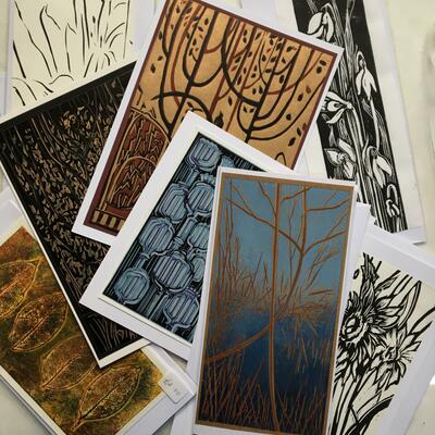 Blank decorative Lino printed cards. A5 & A6 with envelopes. £2.00 each.