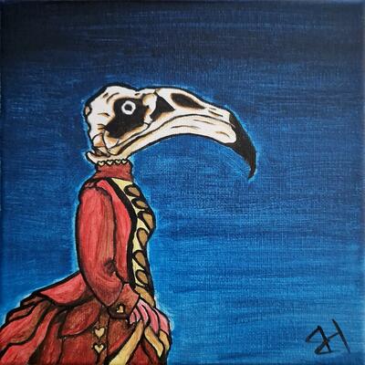 'Lady Flamingo' Fine lady wearing red period dress in contrast to the blue background.  Acrylic paint on 20 x 20 cm canvas.