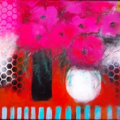 Still life with colourful bright pink flowers and abstracted background