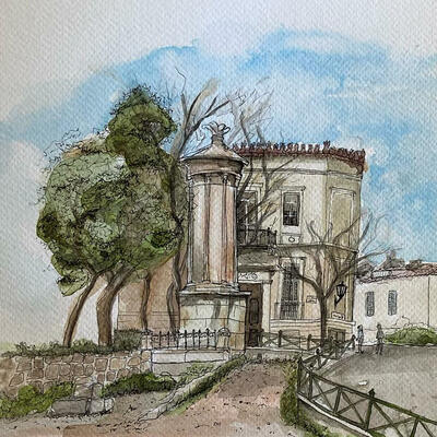 En plein air illustration showing a area in the historical centre of Athens Greece. Watecolours & fine line pens