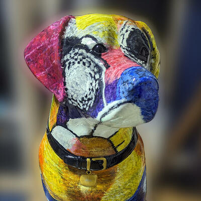 A Tangle with Colour - a fibreglass sculpture painted by Alex as part of Paws of the Wharf