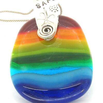 Rainbow fused glass pendant with silver stamped fittings : Corona Virus theme.