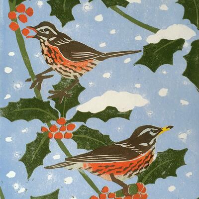 Redwings in the Holly - reduction linocut