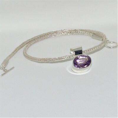 Hand made viking chain in silver with large rose amethyst stone set in silver