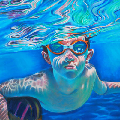 Submerged in blue. An Oil painting of a boy swimming underwater.  2020  4ft by 3ft