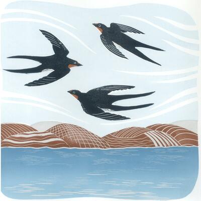 3 swallows flying above water, distant hills beyond the water, screenprint and lino cut.