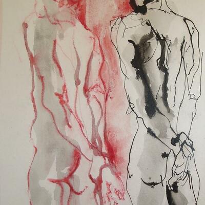 'Two figures' crayon and wash