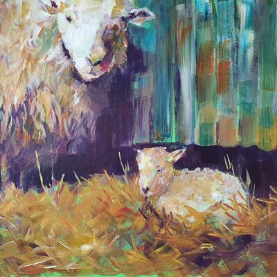 Title: A Mother's Love. (Sheep and Lamb) Acrylic on Canvas. 