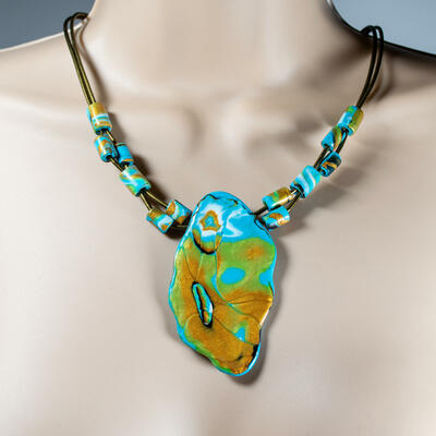 Handmade Polymer Clay Necklace with Leather Cord 