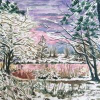 Snow scene pinks and purples