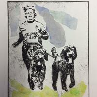 Running labradoodles Drypoint etching with chine cole