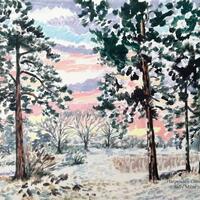 Snowscene with Scottish pines and pink/blue sky