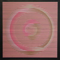 Geometric abstract op art painting in pink brown and black stripes