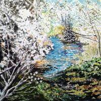 Naturalistic painting of glimpse of blue river through white blossoms