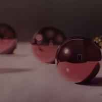 Still life oil painting by Emma de Souza of pink Christmas baubles with reflections
