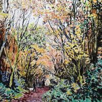 Naturalistic painting of path through large wood in autumn