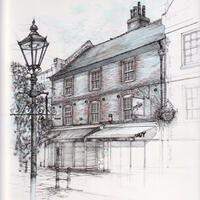 A perspective drawing of a building on Hitchin Market Square with a Victorian lamppost in the foreground. 