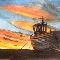 Abandoned boat, Dungeness. Watercolour
