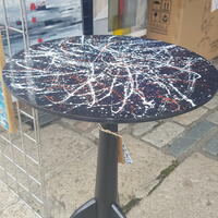 Side table; Upcycled; Acrylic on wood; diameter 38cm, height 60 cm