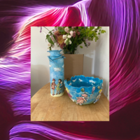 Handmade Ceramic Decorative Vase and Bowl with 3D figures on the surface Size: vase is 27.5 x 8.5 x 8.5 cm -Bowl 12 x 20 x 21 cm