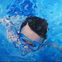 Christopher Swimming  Oil on Canvas 2018. 4ft by 3ft