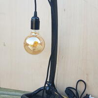 Tabletop lamp; upcycled agricultural tool on wooden base