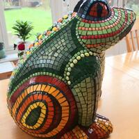 Large 3D terracotta frog mosaiced in glass.