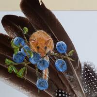 Mouse on Fruit in Acrylics painted directly onto Bronze Turkey feathers