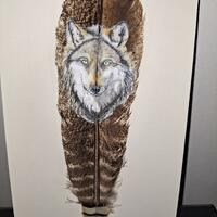 Grey Wolf in Acrylics painted directly onto Bronze Turkey feathers.