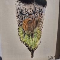 Red deer in Acrylics painted directly onto Tiger Turkey feather