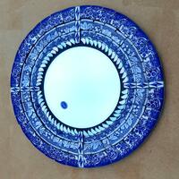 Blue & white china mirror; ceramic & glass on board
